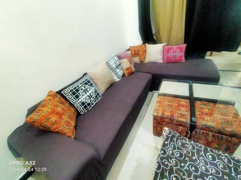 7 seater L shaped Sofa Set with dewan 4 stool and a glass table 6