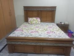 wooden bed set with molty foam mattress, side tables and dressing