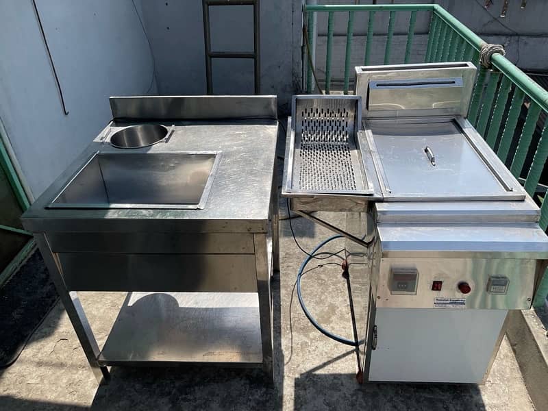 Burger / shawarma counter along with fryer and breading table for sale 10