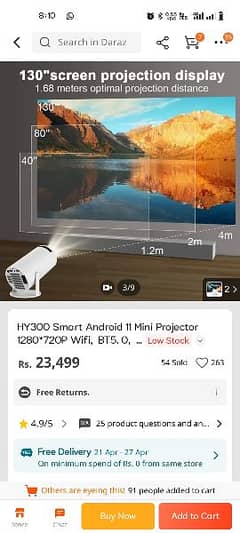 HY300 Smart Android 11 Mini Projector 1280*720P Wifi, BT5.0,