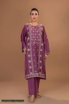 2 Pcs Women's Stitched Lawn Pret Embroidered Suit, Purple 0