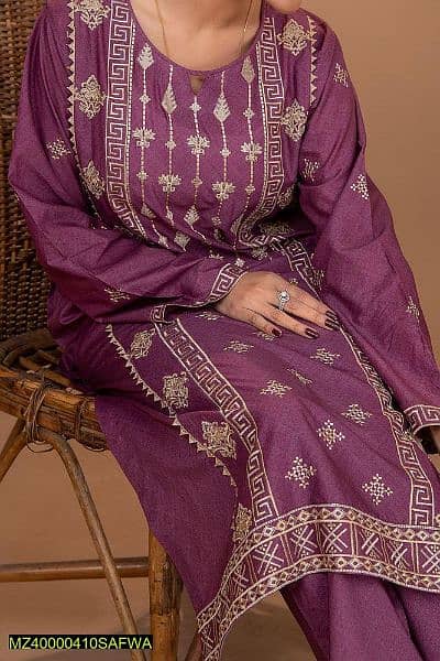 2 Pcs Women's Stitched Lawn Pret Embroidered Suit, Purple 1