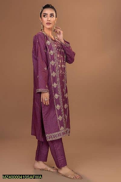 2 Pcs Women's Stitched Lawn Pret Embroidered Suit, Purple 2