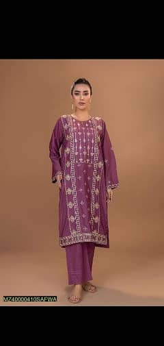 2 Pcs Women's Stitched Lawn Pret Embroidered Suit, Purple.