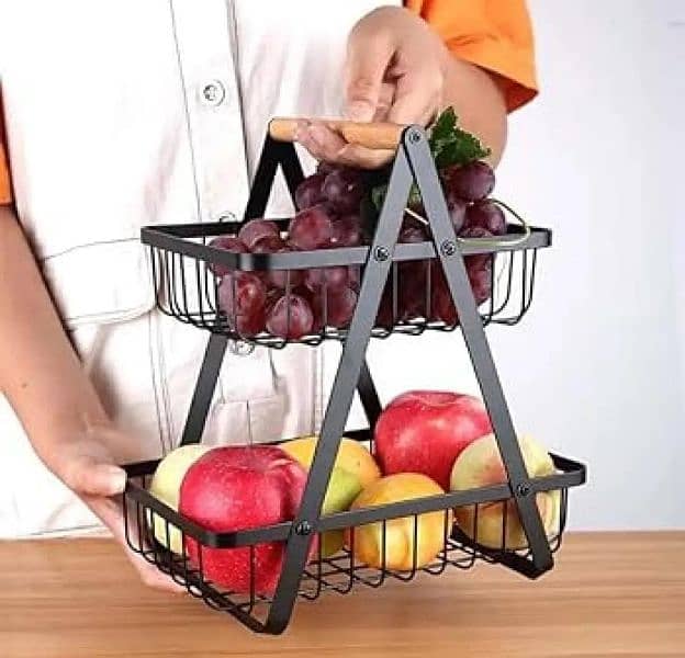 Kitchen Organizer, Wooden Handled 2 and 3 Tier Fruit Basket. 2