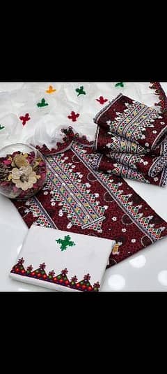 Stuff Cambric Cotton 
3pc
 Full Gala Daman Emb
Chiffon Dupata
