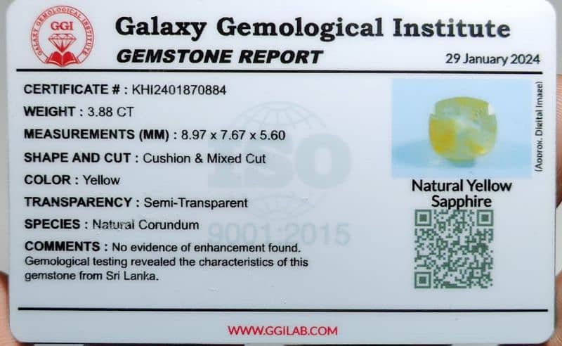 Sri Lankan yellow saphire. Galaxy Lab. certified without enhancement. 0