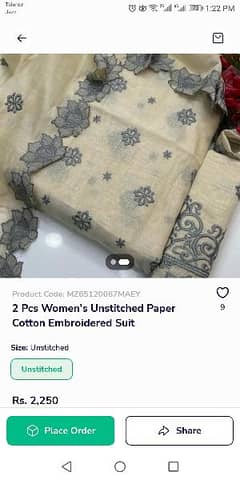 2pcs Woman Unstitched paper cotton Embroiderd suit