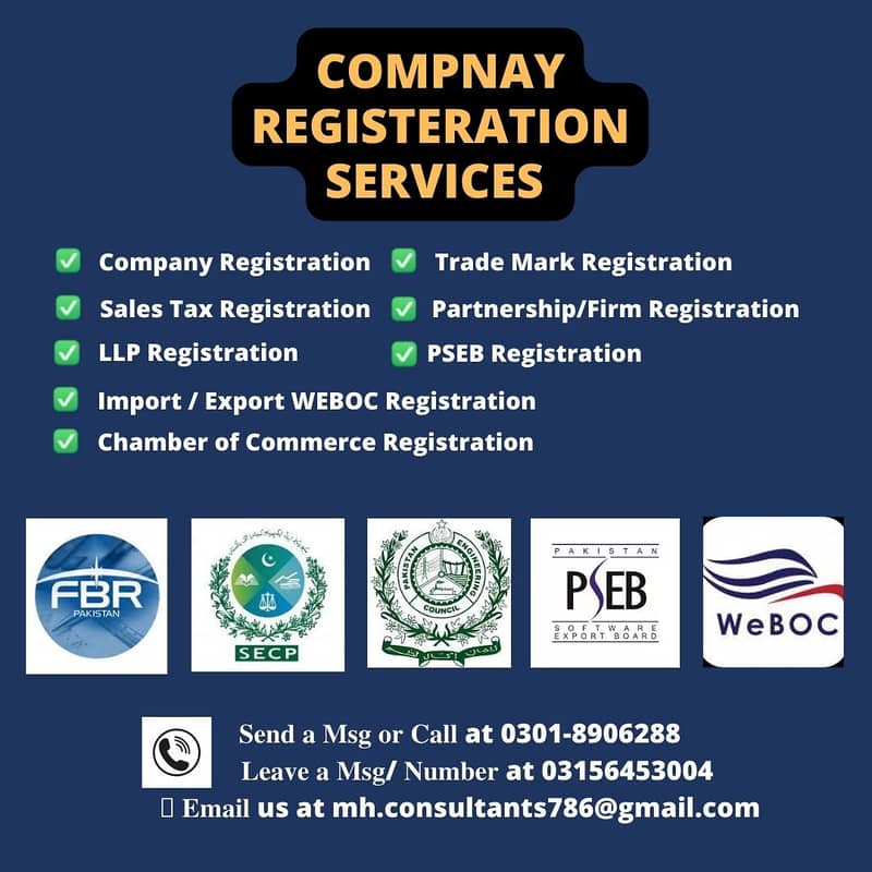 Firm,TradeMark, NTN, PEC Company Registration, Call Center,WEBOC, SECP 0