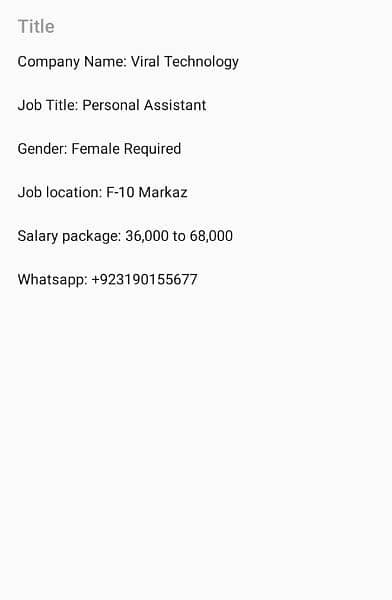 Female staff required for our Company 0