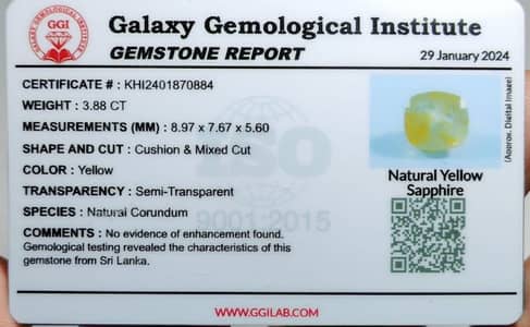 Sri Lankan yellow pukhraj without enhancement. Galaxy Lab. certified.