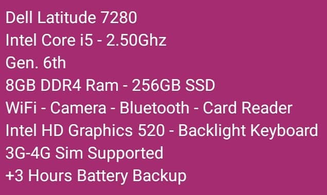 DELL LATITUDE 7280 CORE i5-2.50Ghz GEN. 6th 8GB DDR4 RAM 256GB SSD 5