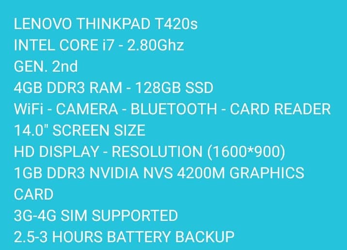LENOVO THINKPAD T420s CORE i7-2.80Ghz GEN. 2nd 4GB DDR3 RAM 128GB SSD 5