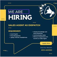 SALES AGENT REQUIRED