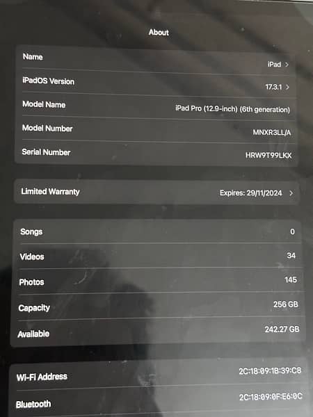 ipad pro m2 12.9” 256gb in official apple warranty 2