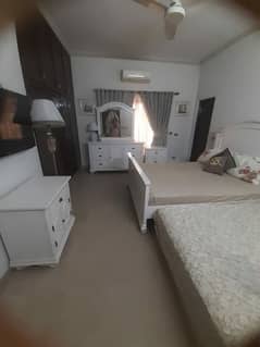 White bed with Spring Mattress and side tables+ Dreesing table