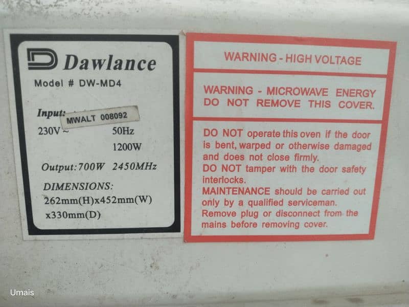 Dawlance ovan model DW-MD4 output:700W 2