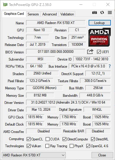 AMD Radeon 5700 XT (MSI) 256-bit 8 GB 3