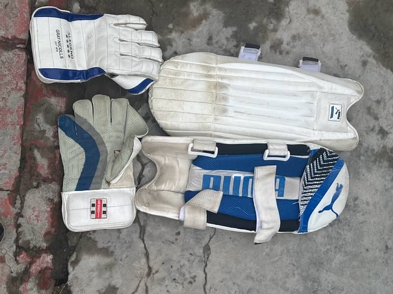 Wicket keeping pads and gloves. 0