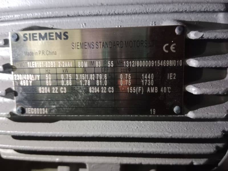 Siemens o. 75 kw 1 hp 1400 rpm IE2 motor brand new 5