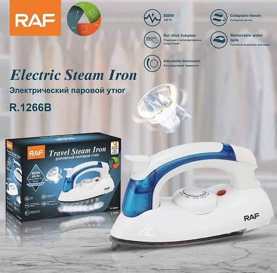 RAF Steam Iron 800 Watts for Dry and Wet Ironing Foldable Handle 0