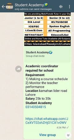 Female academic coordinator required for school (03140504815)