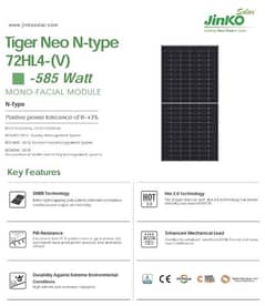 Solar Panel, Jinko 585 watt, N-type, mono-facial (44 Rs/watt)