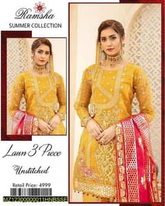 3 PCs women's unstitched lwan embroidered suite