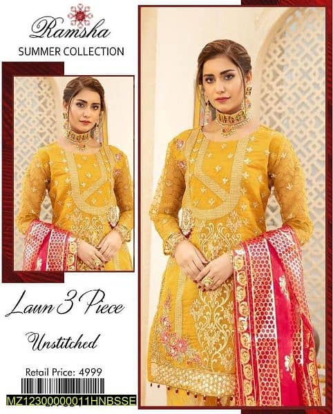 3 PCs women's unstitched lwan embroidered suite 0