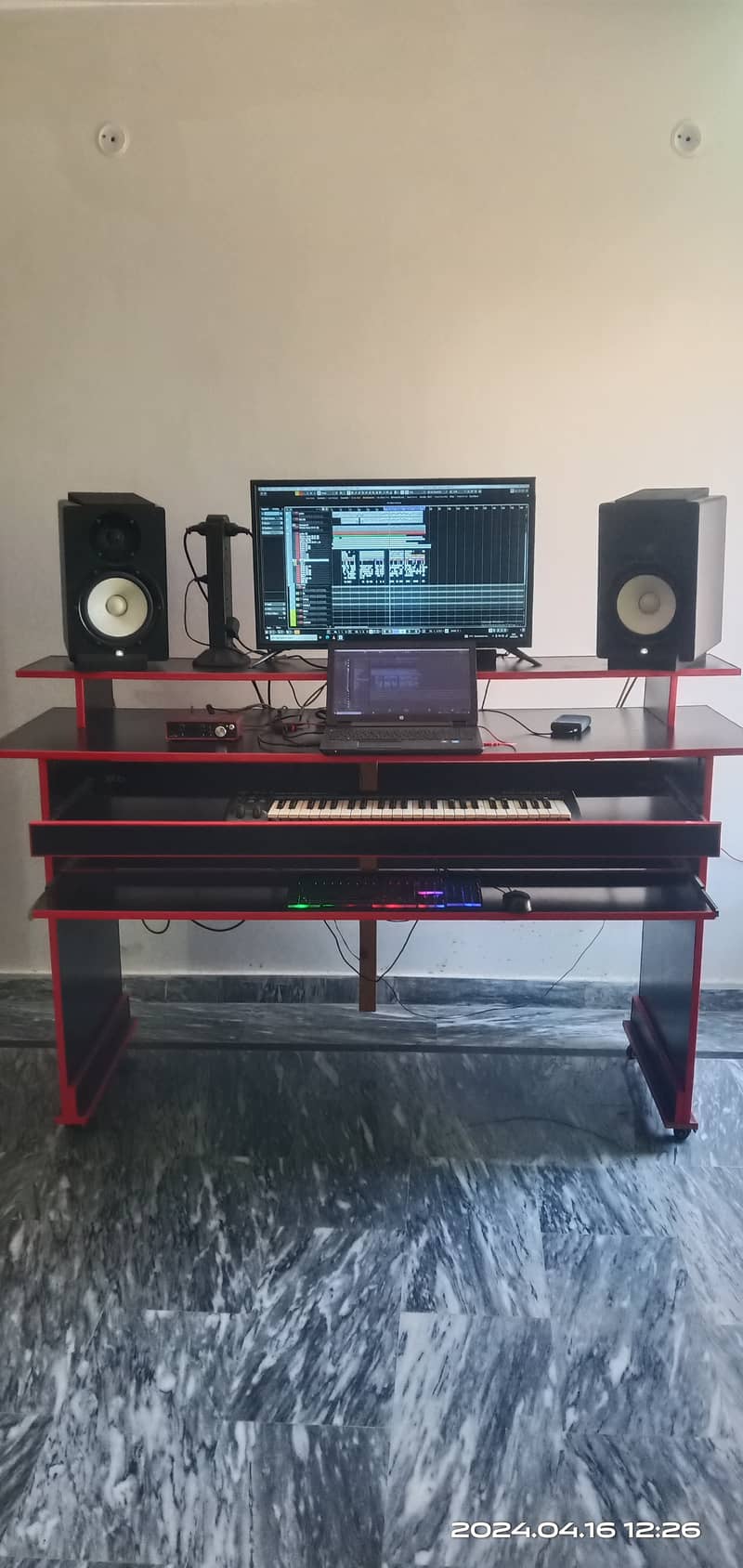 LARGE SIZED MUSIC STUDIO TABLE WORKSTATION WITH WHEELS, MICROPHONE 4