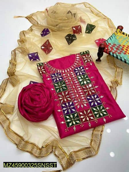 3 Pcs Women's Unstitched Fancy Katan Silk Embroidered Applique Suit 1