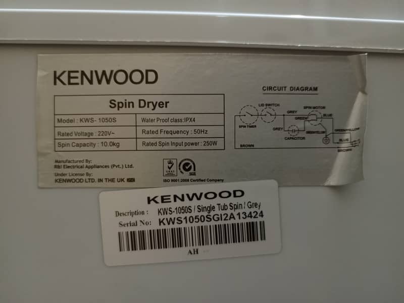 Kenwood Single Tub Spiner KWS-1050 10 Kg Spin Dryer (Dryer Only). 4