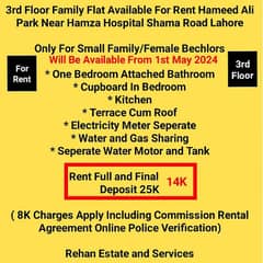 3rd Floor Flat For Rent Near Hamza Hospital Shama Rd LHR