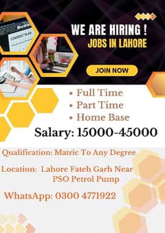 Full-time part-time office based work available in lahore. 0