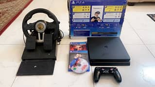 Ps4 slim,2 controllers,Pxn stearing wheel and 4 games(Complete p