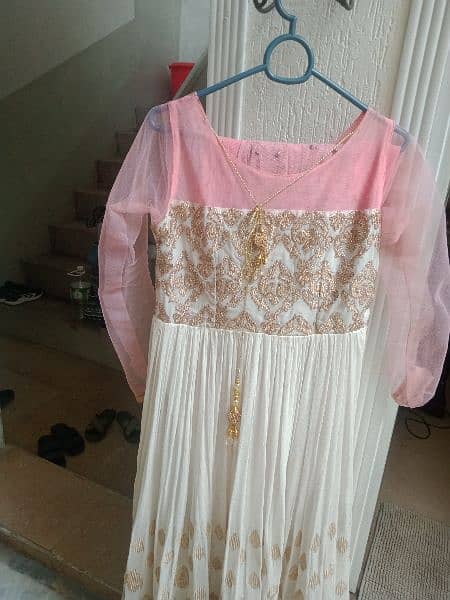 pink and white long frock with net dupata 1