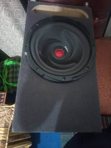 1. kanwood woofer with box and 4 channel amplifair no repair 2