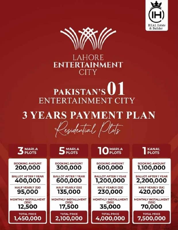 Marla Plot File Up For sale In Lahore Entertainment City Located on Main GT Road Muridky 3 years Installment plan 1