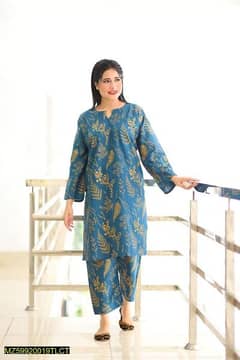 2 pcs women's stitched linen block printed shirt and trouser