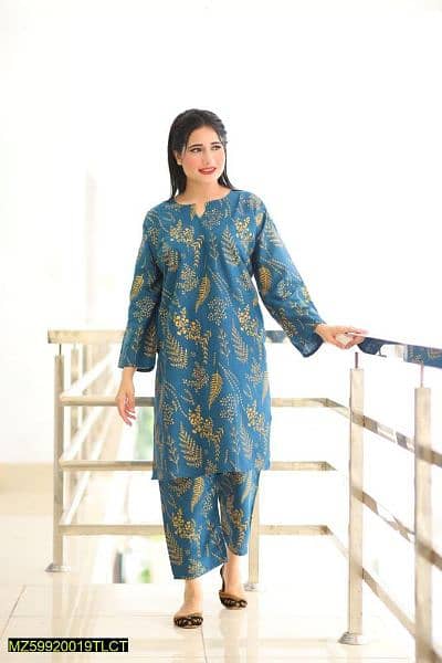 2 pcs women's stitched linen block printed shirt and trouser 0