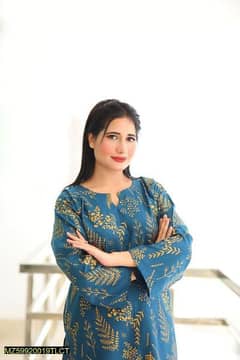 2 Pcs Women's Stitched Linen Block Printed Shirt And Trouser