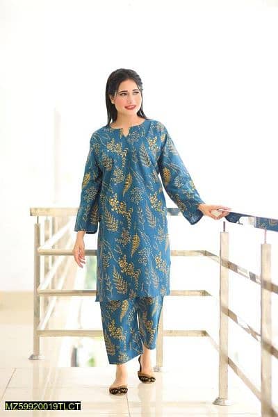 2 Pcs Women's Stitched Linen Block Printed Shirt And Trouser 1