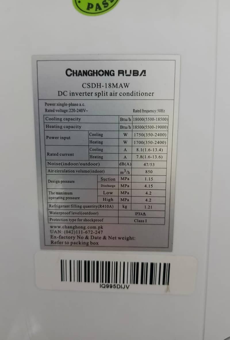 Changhong Ruba 1.5 ton dc inverter CC72uc (0306=4462/443) zaliiim sett 3