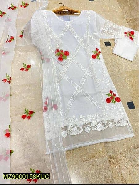 3 pcs women's stitched organza Embroidered suit 0