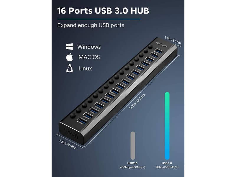 16 Ports Aluminum USB 3.0 Data Hub with 12V/8.3A Power  Adapter(RSH-A1 2