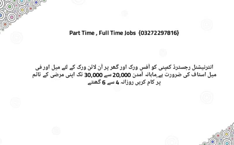 Part Time /Full Time / Home Base Job, Male & Female Staff Required 0