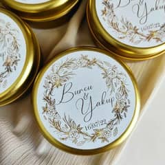 Wedding Favors, Gold Tin Custom Personalized scented Candles.