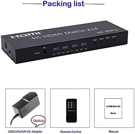 2X4 HDMI switching splitter HDMI Matrix Switch 4K 60Hz 2 in 4 out 18