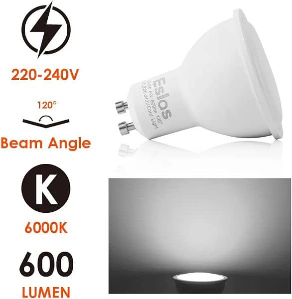 Eslas GU10 LED Bulbs Cool White 6000K, 6W 600LM, 60W 1