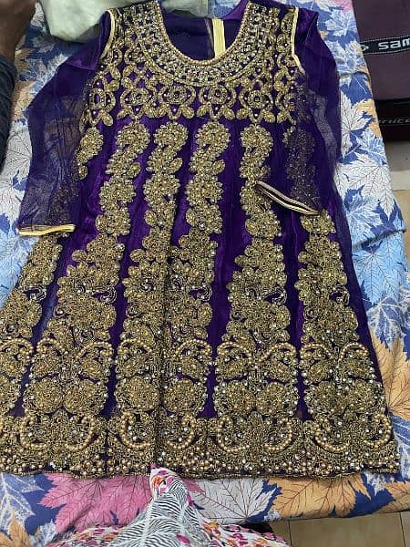 3 piece stitched full heavy work frock in purple color for weddings 0